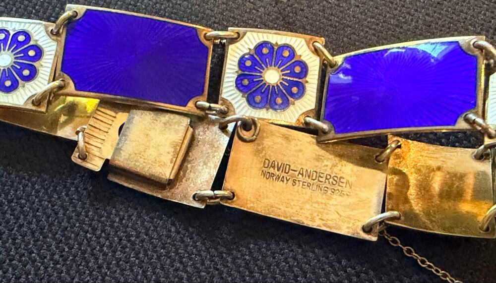 Vintage David-Andersen Norway Sterling Vermeil Blue White Enamel Flower Bracelet